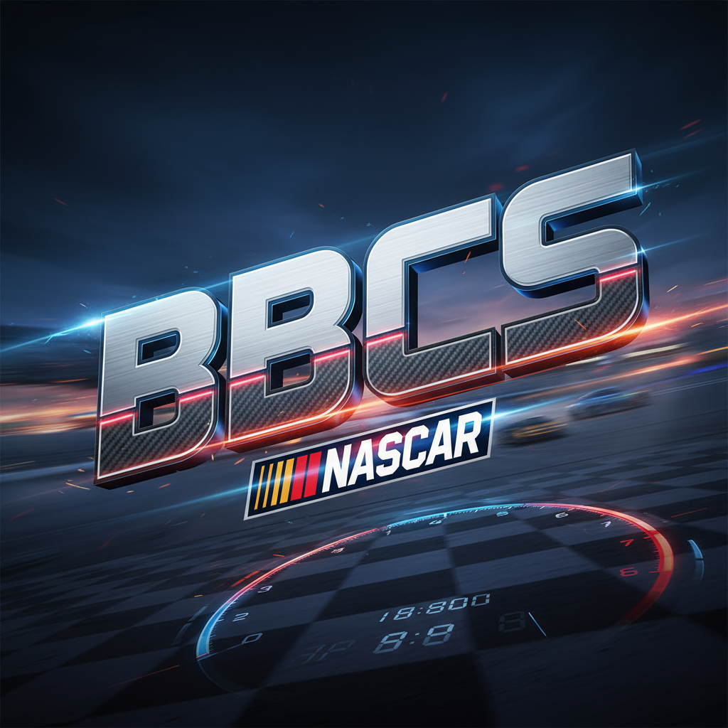 An image featuring the large letters 'BBCS' with the official NASCAR logo underneath them. Bold, dynamic, motorsports-inspired style.