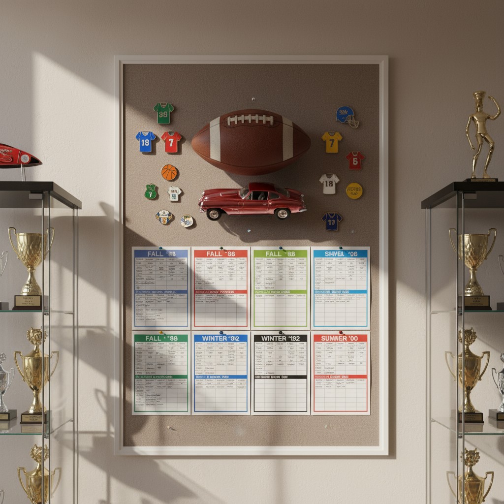 A poster board featuring a framed set of play charts.