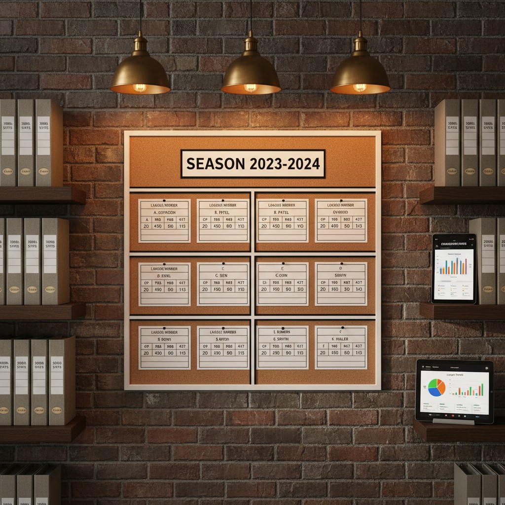 Scene of a brick wall with various framed cork bulletin boards displaying charts and graphs, accompanied by shelves holdin...
