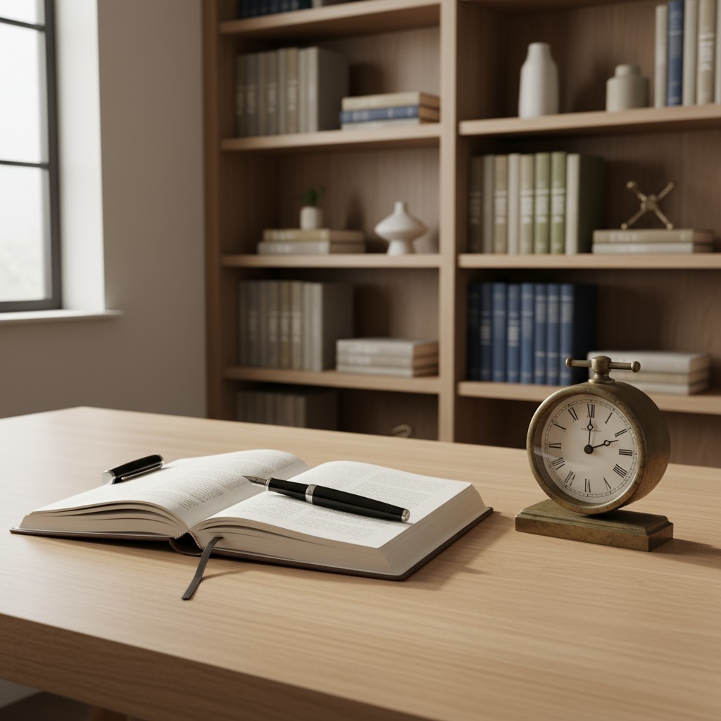 A well-lit, minimally furnished room with bookshelves, a table holding an open journal, a pen, and a small clock.