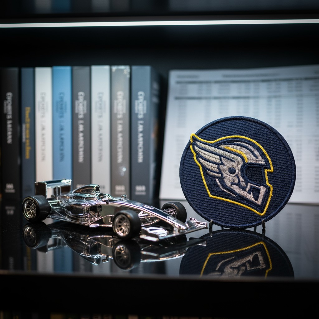 The image shows a Formula One racing car model, alongside a patch on a stand on a reflective glass table, surrounded by bo...