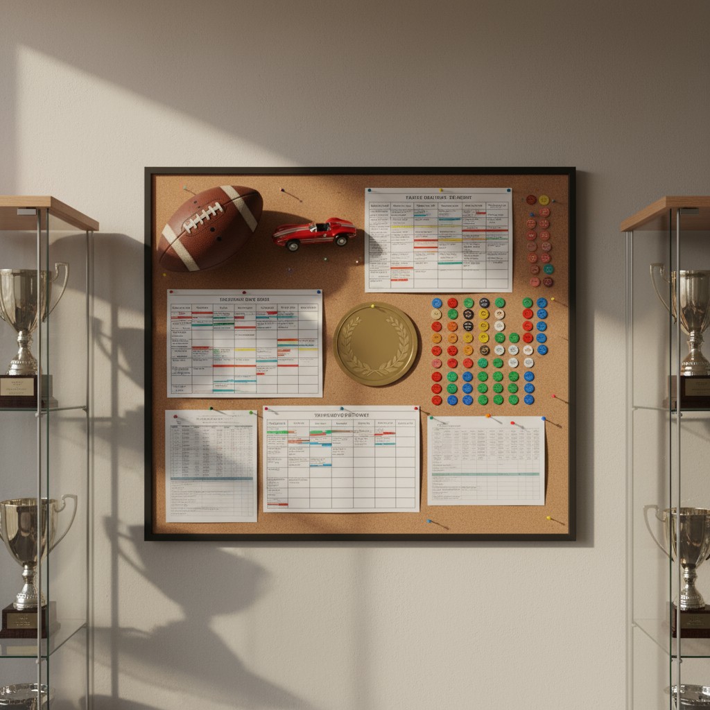 The pin board in the image displays various game charts, knick-knacks, and trophy displays on the side, all set against a ...