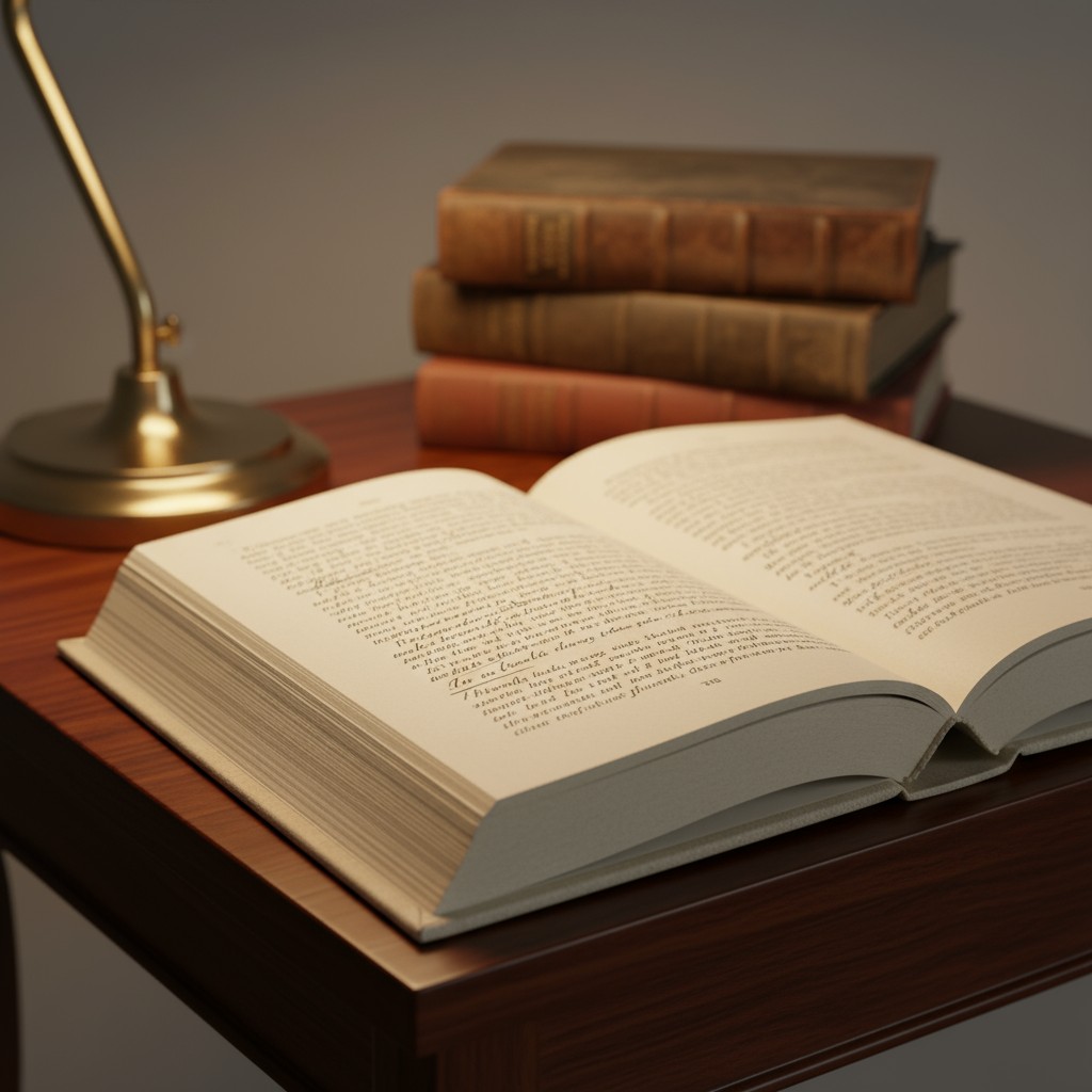 Image of an open book on a dark wooden table, with a lamp and stack of books.