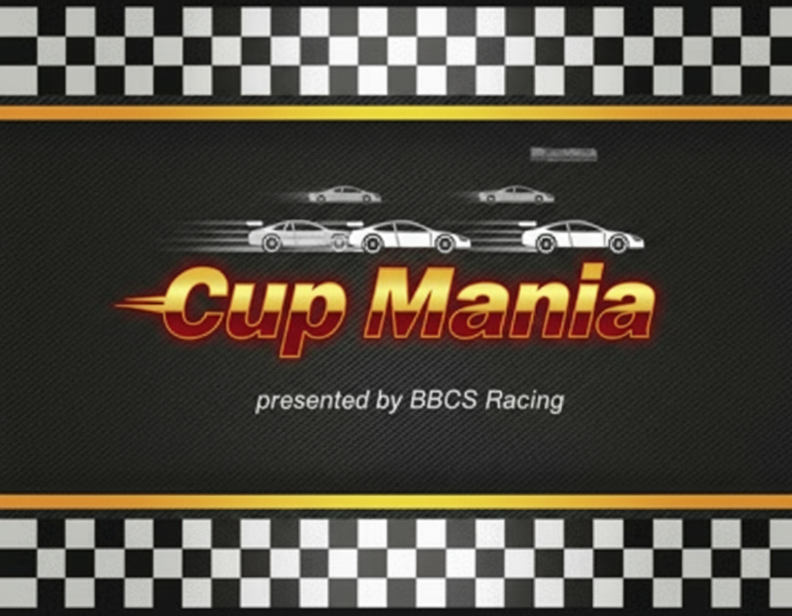 Update the image so the 'Cup Mania' text in the middle uses a gold and red two-tone color in a cool font, with previous graphic changes preserved.