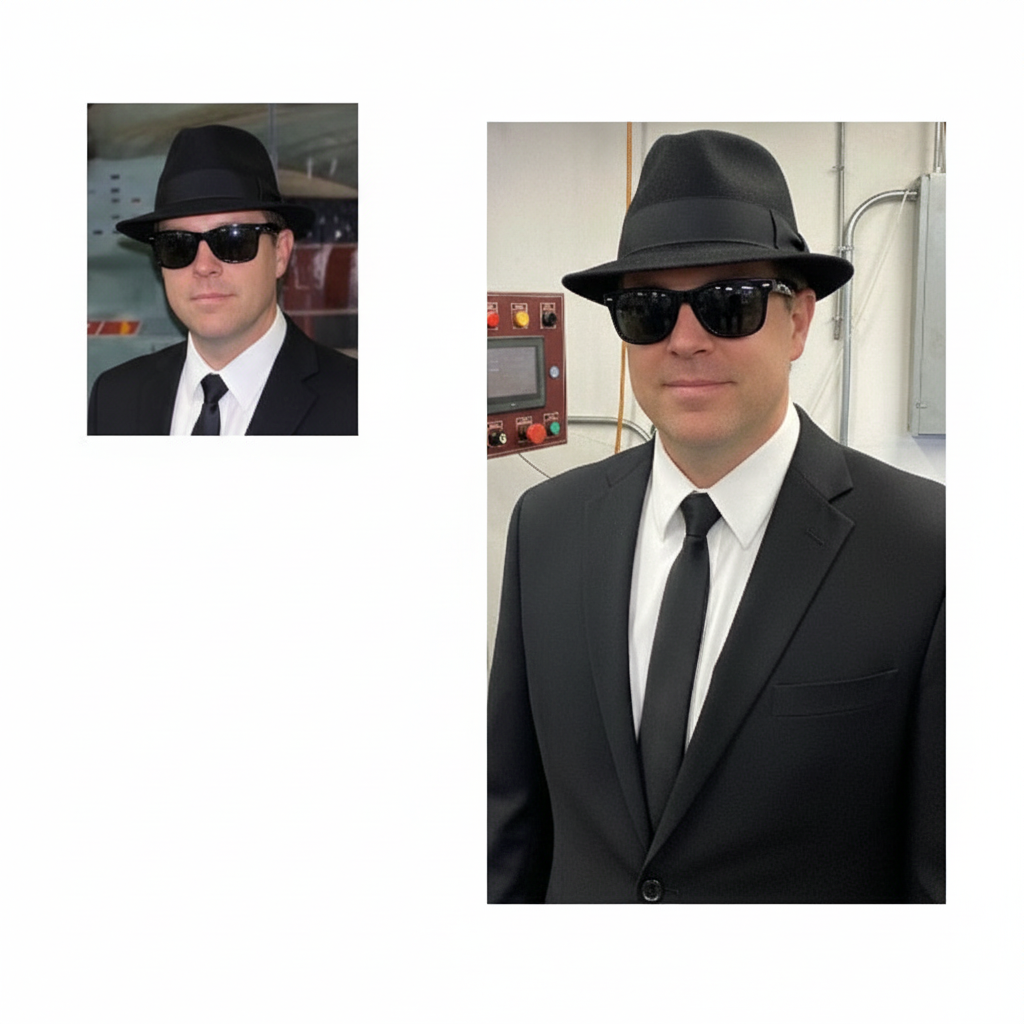 Edit this photo so that the two men are dressed as the Blues Brothers: both wearing black suits, white shirts, skinny black ties, black fedoras, and sunglasses.